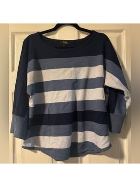 ana Womens Sweater Blue Striped Round Neck 3/4 Sleeve Acrylic Pullover Soft